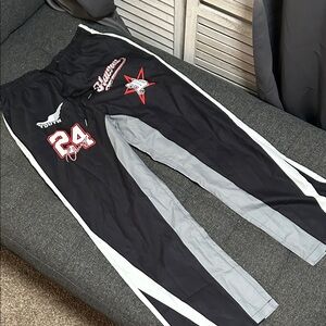 Black and Gray Wide Leg Track Pants with Red Accents